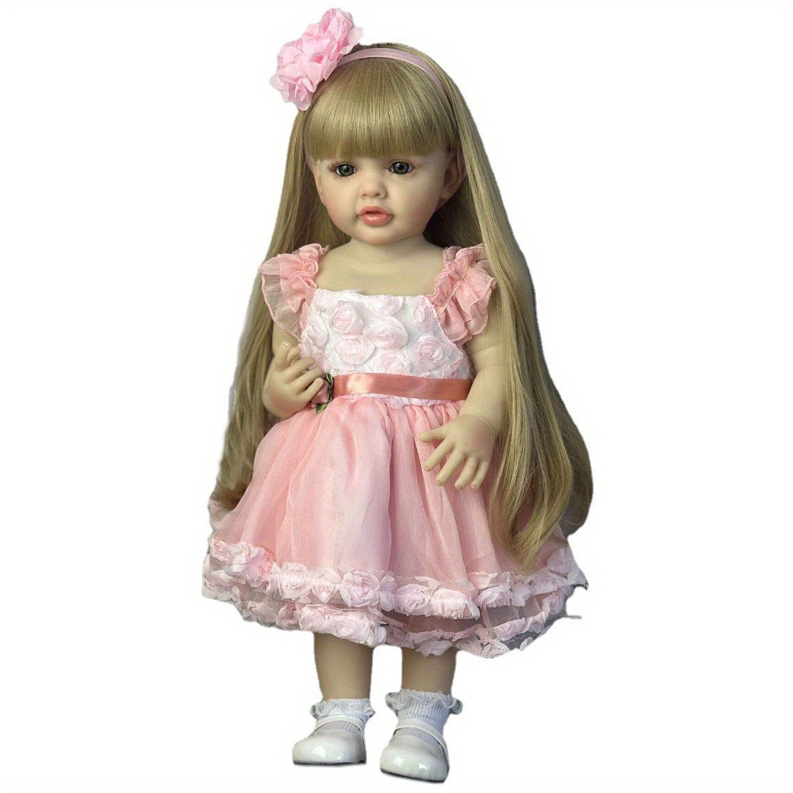 55cm Reborn Doll for Kids and Collectors Pink Girl Silicone Body with Blonde Wig