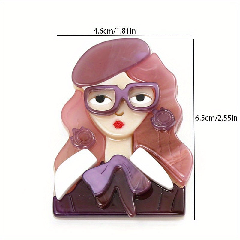 Broche de chica acrílica con gafas, joyería original y elegante para vestidos, suéteres y abrigos