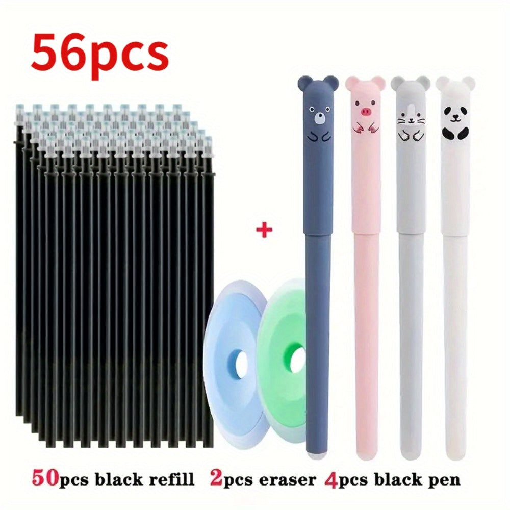 56-Piece Kawaii Panda Erasable Gel Pen Set Refillable Washable Stationery for School Office