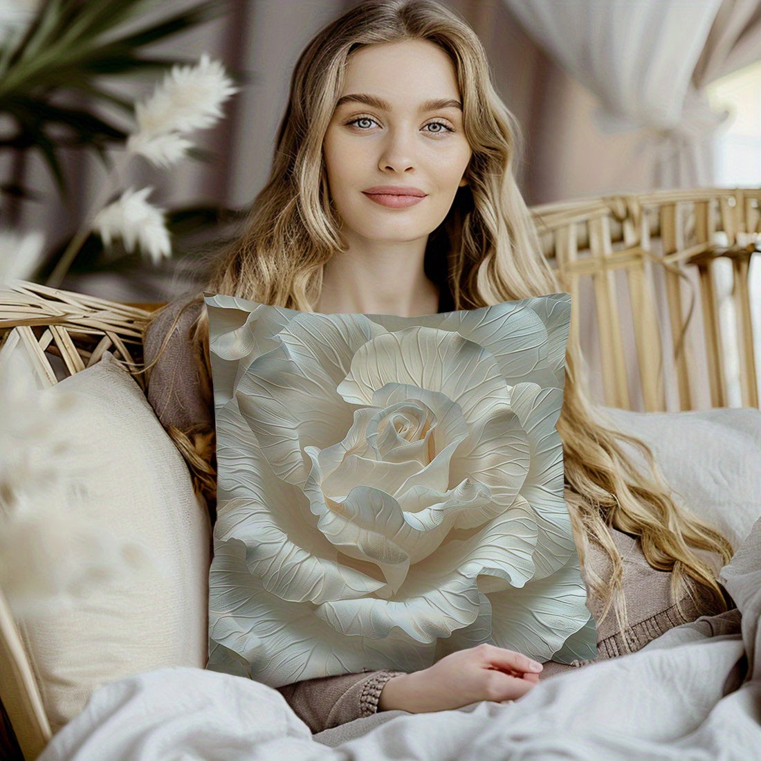 3D Embossed Flower Printed Sofa Pillow Cover Peach Skin 45x45cm