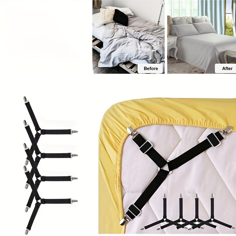 Set of 4 Adjustable Non-Slip Bed Sheet Fasteners with Metal Clips for Bedding and Cushions