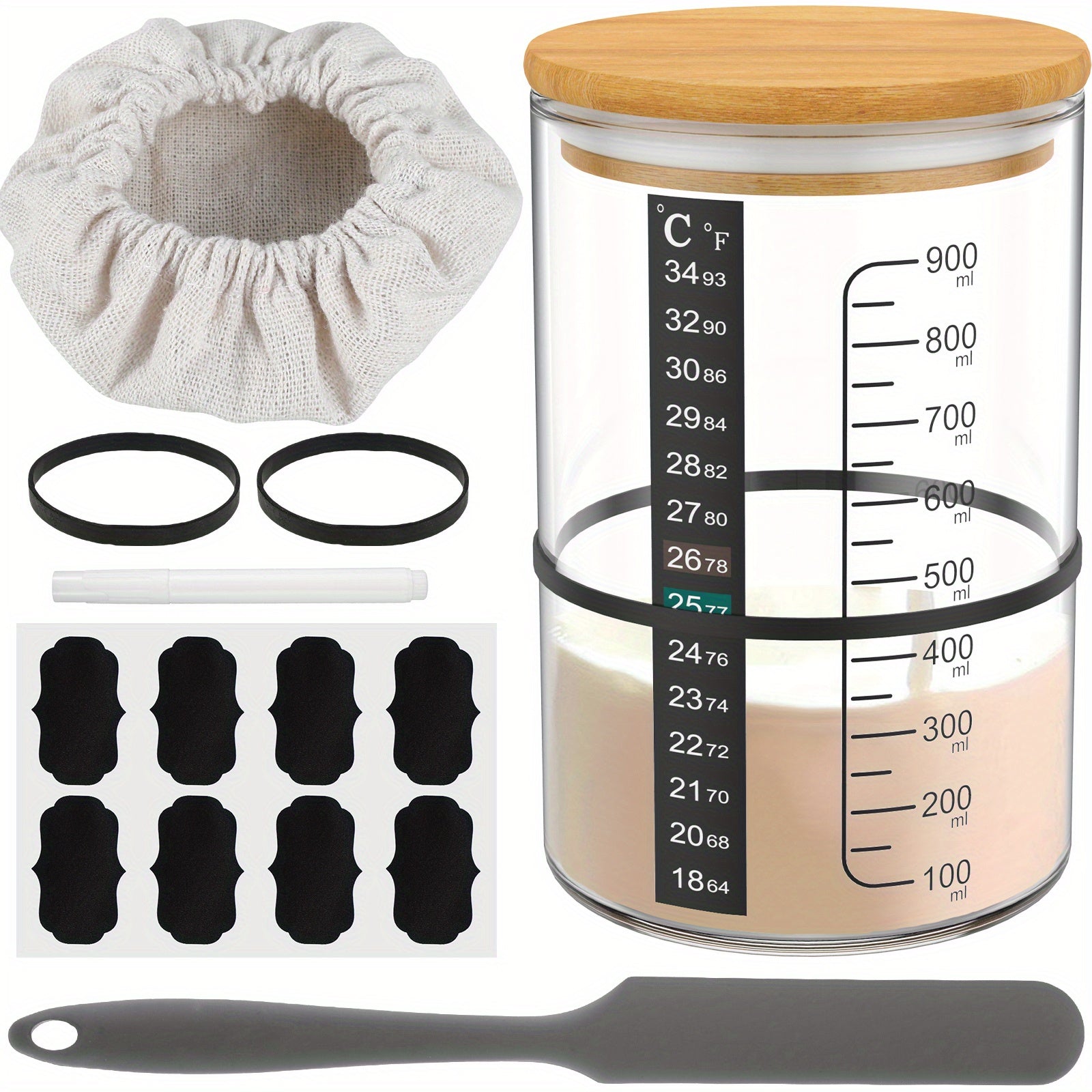 Large 900ML Glass Sourdough Starter Jar Kit with Lid Spatula Thermometer