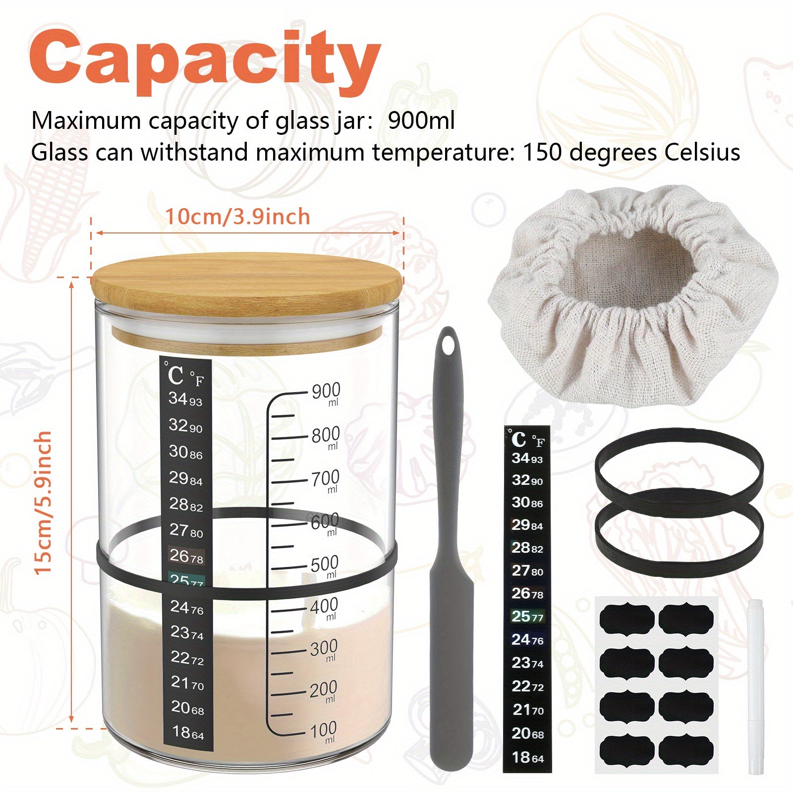 Large 900ML Glass Sourdough Starter Jar Kit with Lid Spatula Thermometer