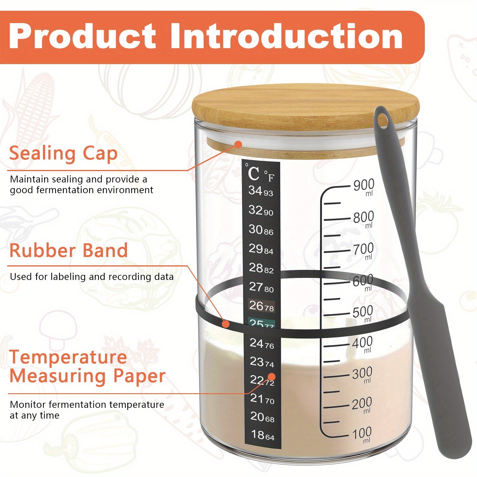 Large 900ML Glass Sourdough Starter Jar Kit with Lid Spatula Thermometer