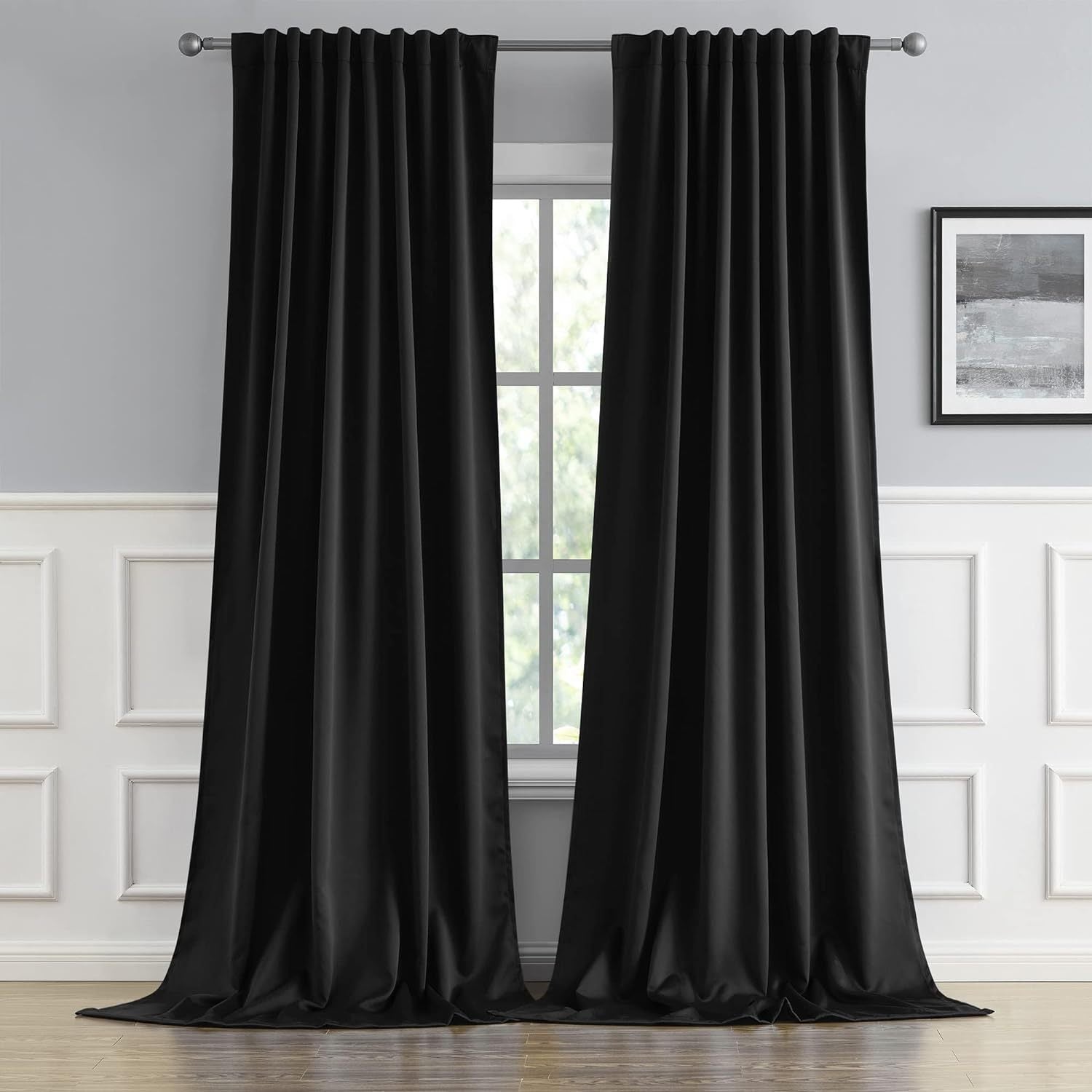 Cream and Black Thermal Insulated Blackout Curtains with Two Panels