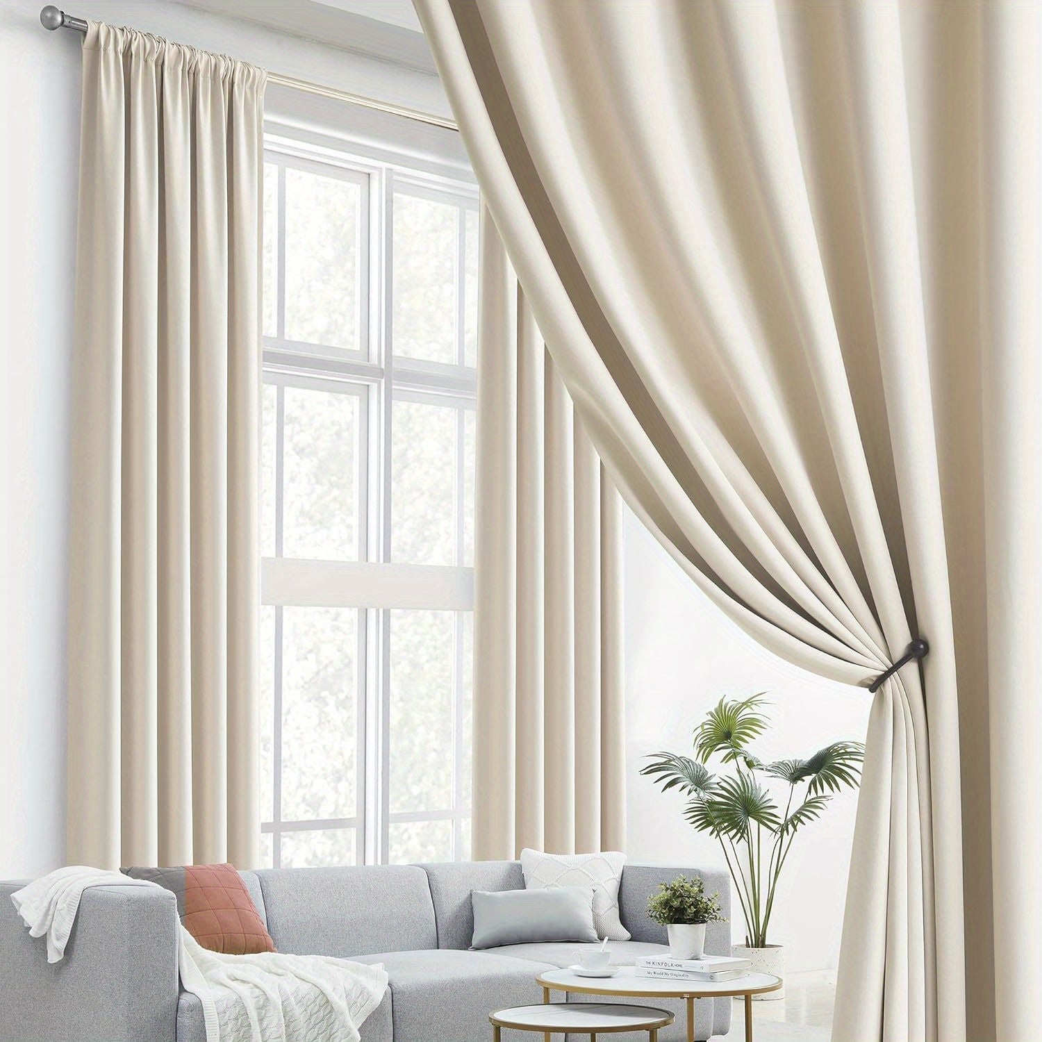 Cream and Black Thermal Insulated Blackout Curtains with Two Panels
