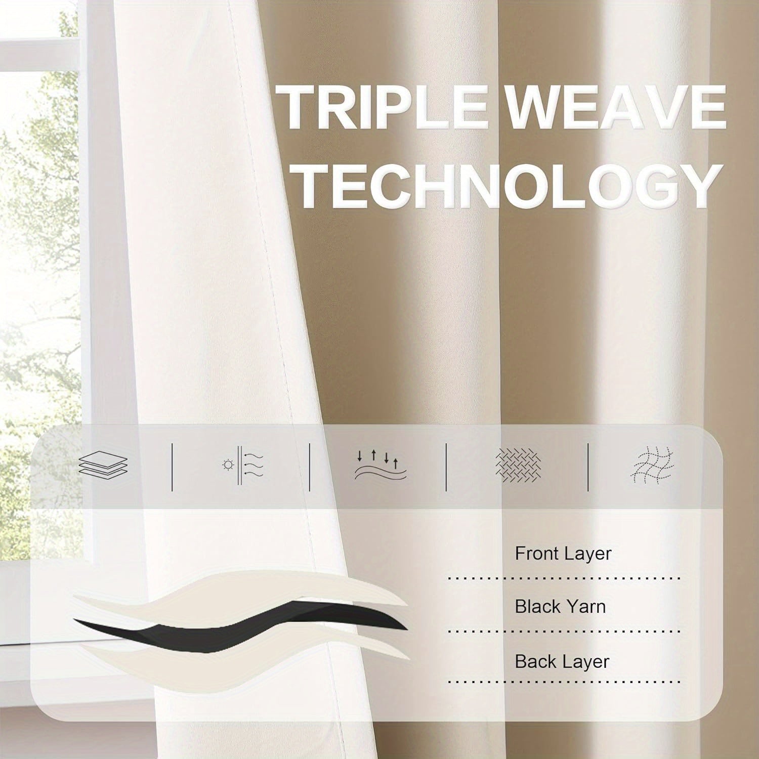 Cream and Black Thermal Insulated Blackout Curtains with Two Panels