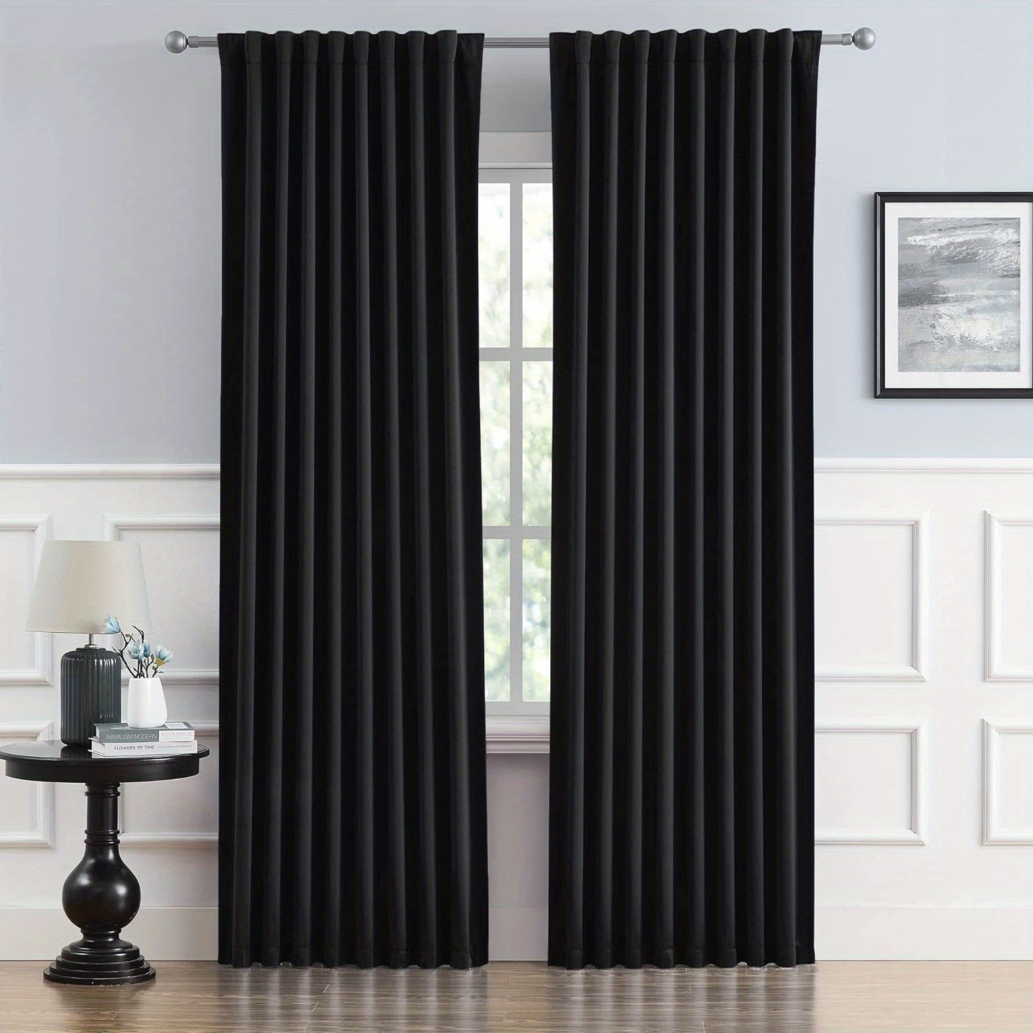 Cream and Black Thermal Insulated Blackout Curtains with Two Panels