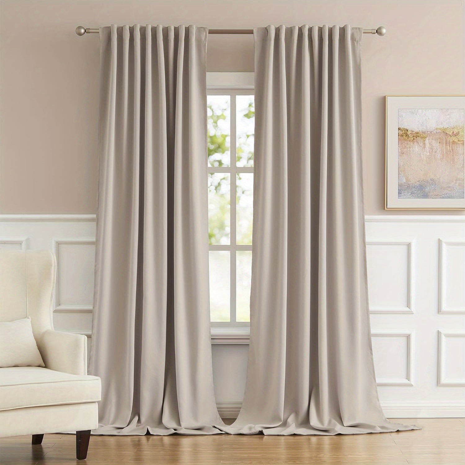 Cream and Black Thermal Insulated Blackout Curtains with Two Panels