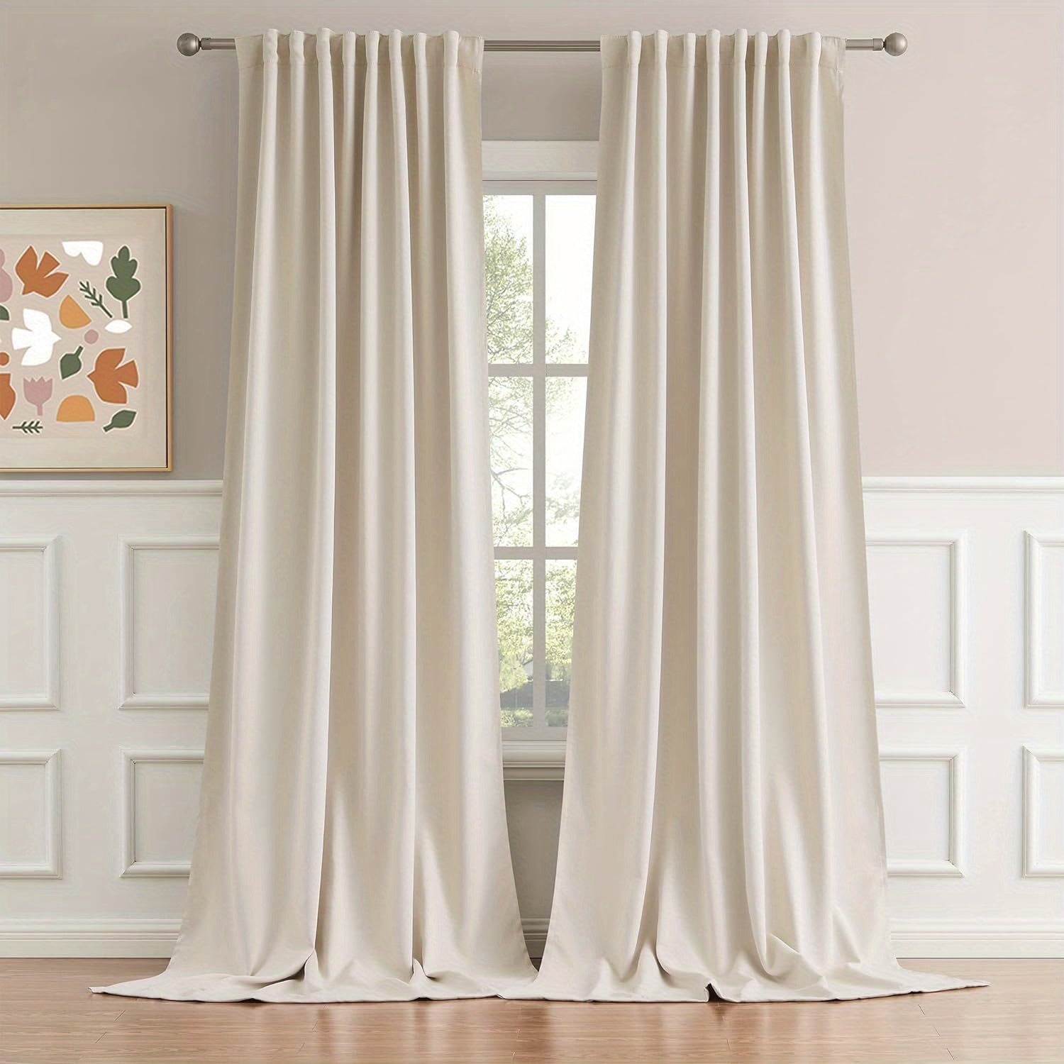 Cream and Black Thermal Insulated Blackout Curtains with Two Panels