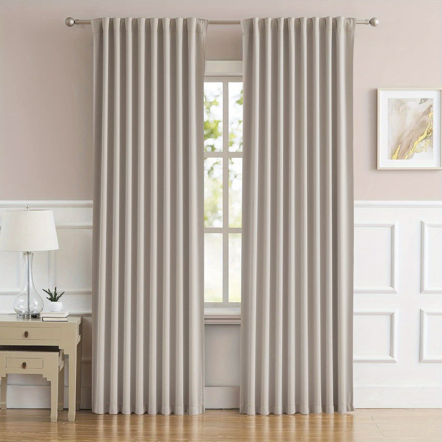 Cream and Black Thermal Insulated Blackout Curtains with Two Panels