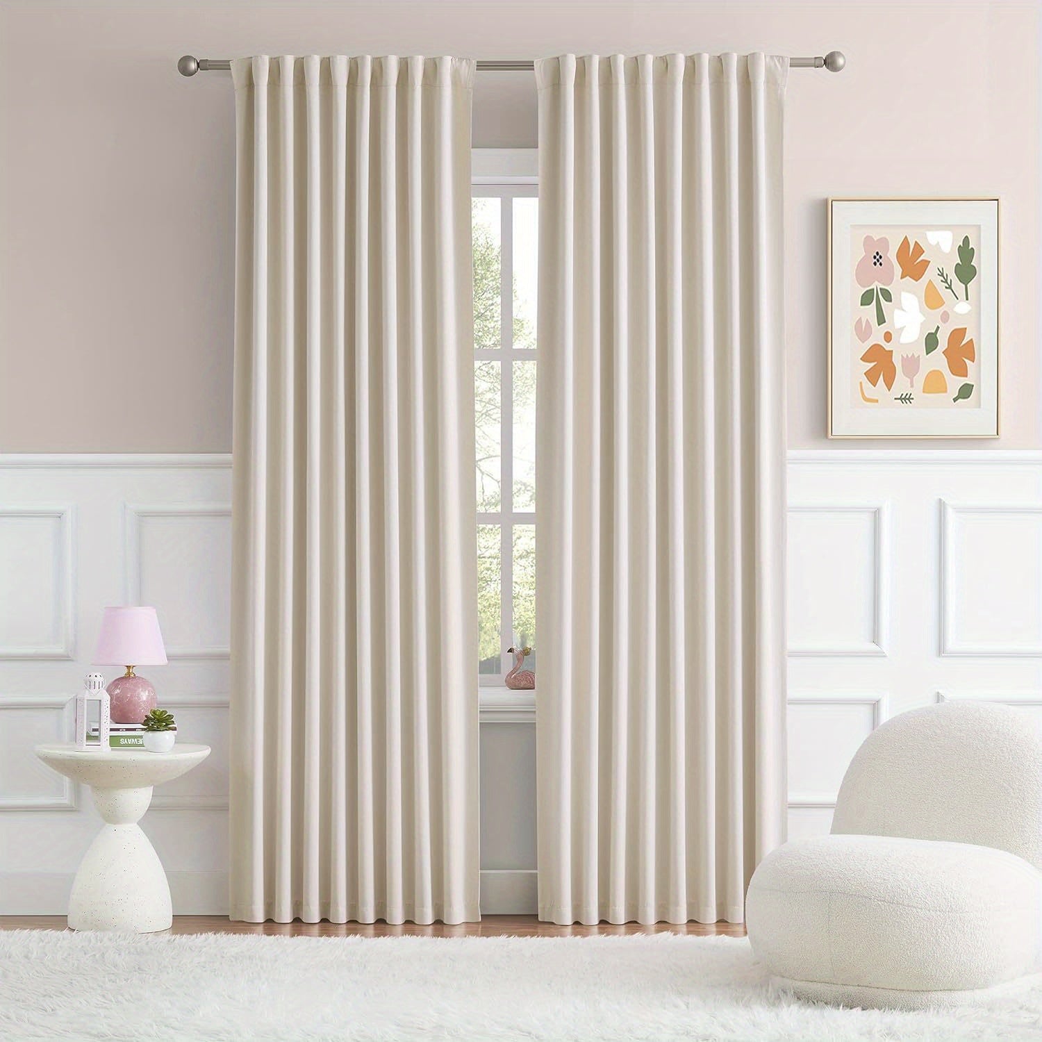 Cream and Black Thermal Insulated Blackout Curtains with Two Panels