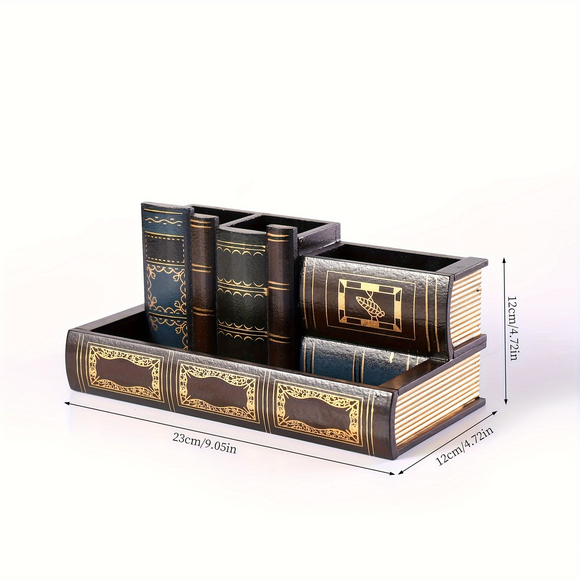 Organizador de escritorio en forma de libro con compartimentos para oficina y hogar