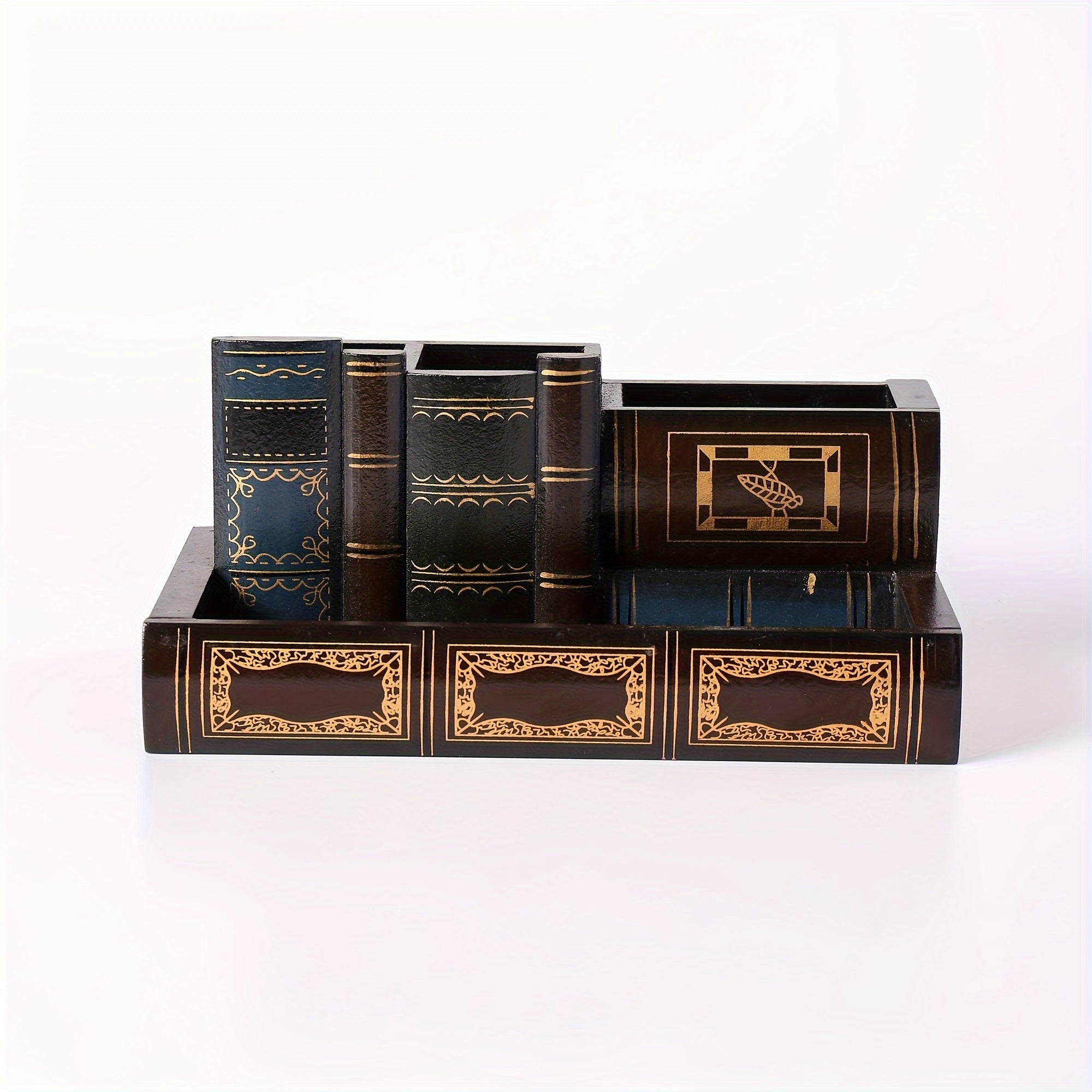 Organizador de escritorio en forma de libro con compartimentos para oficina y hogar