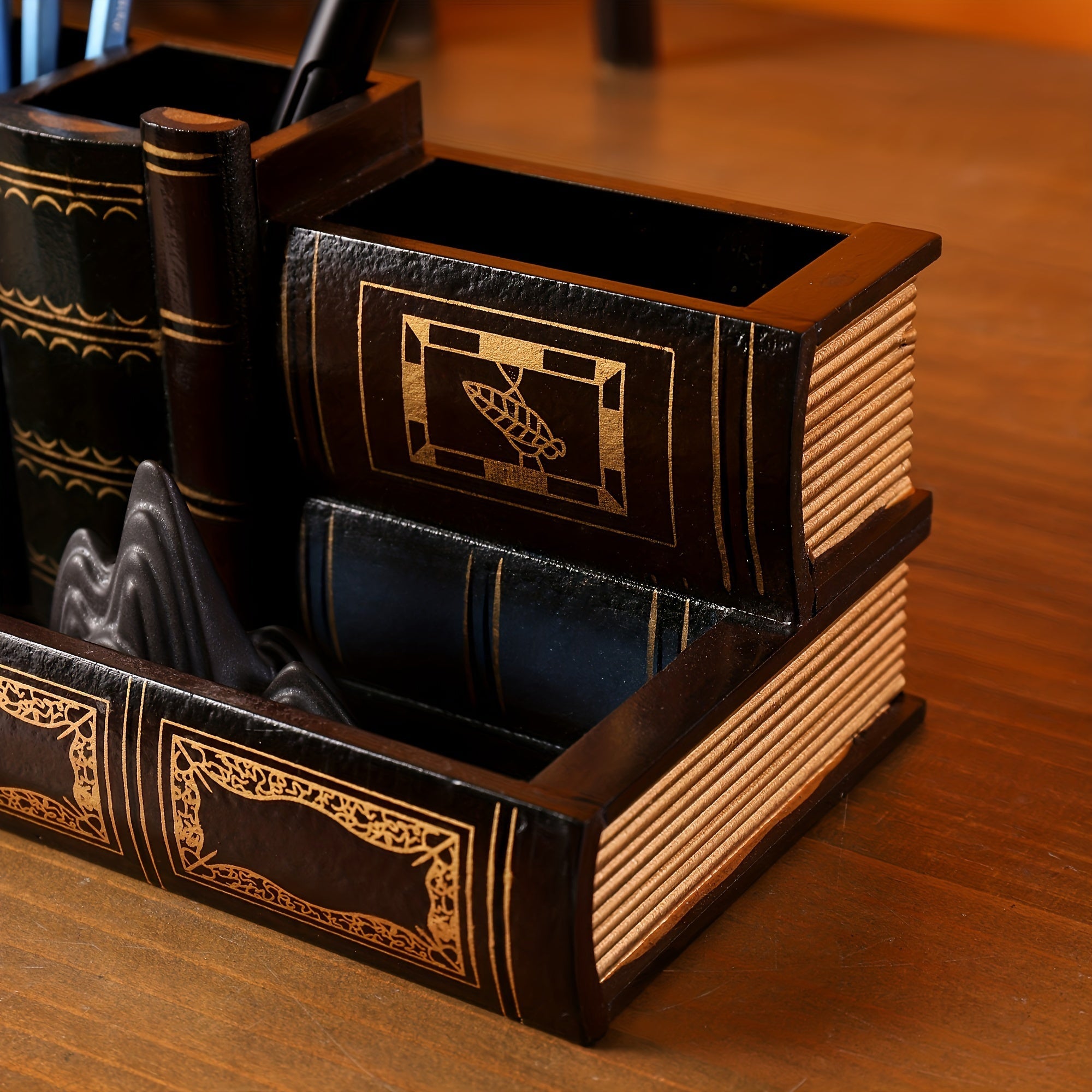 Organizador de escritorio en forma de libro con compartimentos para oficina y hogar