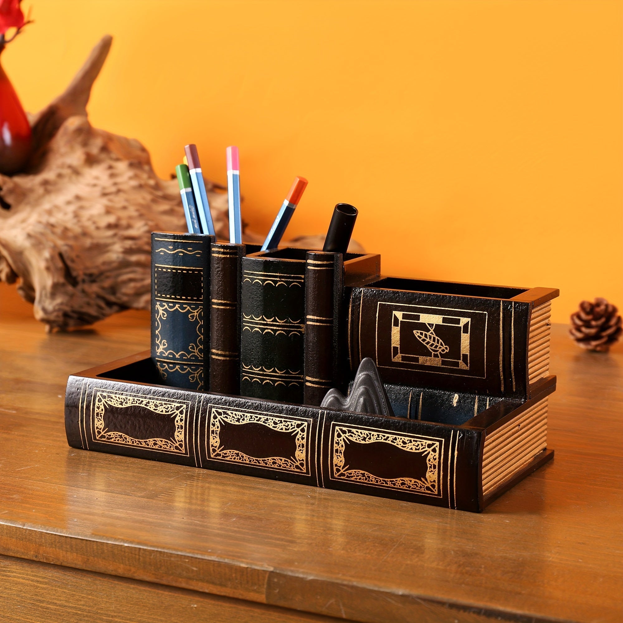 Book-Shaped Pen Holder Desktop Organizer with Storage for Office and Home