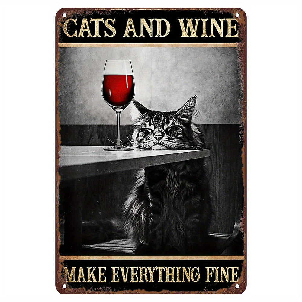 Metal Tin Sign for Maine Coon Cats and Wine Lovers Vintage Wall Art Gift