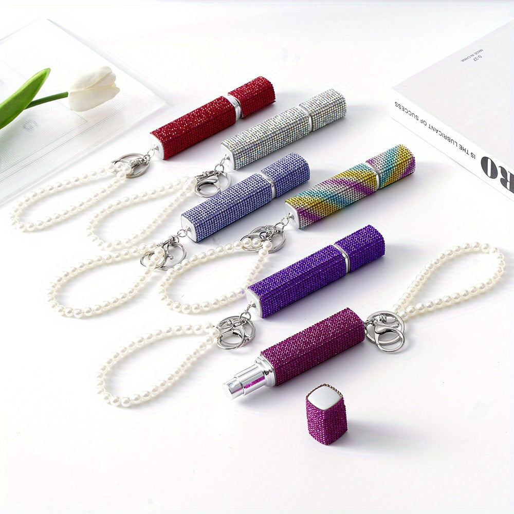 Llavero atomizador de perfume de 10ml con piedras de imitación y perlas falsas, recargable, bomba de aroma de viaje para mujeres