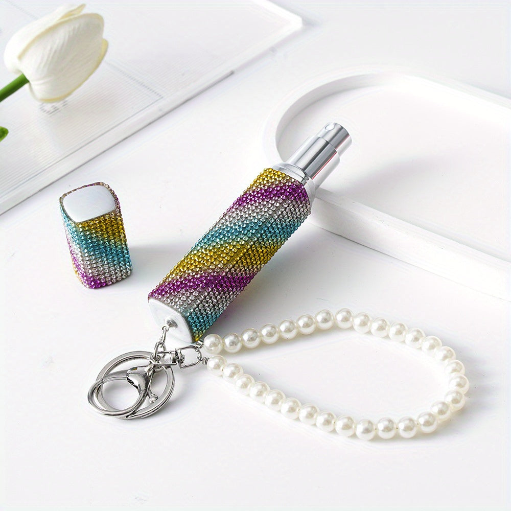 Llavero atomizador de perfume de 10ml con piedras de imitación y perlas falsas, recargable, bomba de aroma de viaje para mujeres