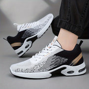 Zapatillas casuales para hombre, tejido de punto transpirable, de caña baja, con cordones, suela con aire amortiguado, negro y blanco