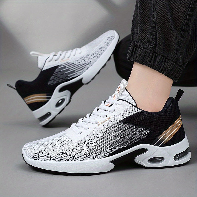 Zapatillas casuales para hombre, tejido de punto transpirable, de caña baja, con cordones, suela con aire amortiguado, negro y blanco