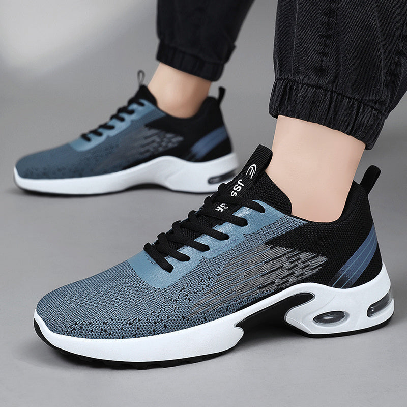 Zapatillas casuales para hombre, tejido de punto transpirable, de caña baja, con cordones, suela con aire amortiguado, negro y blanco