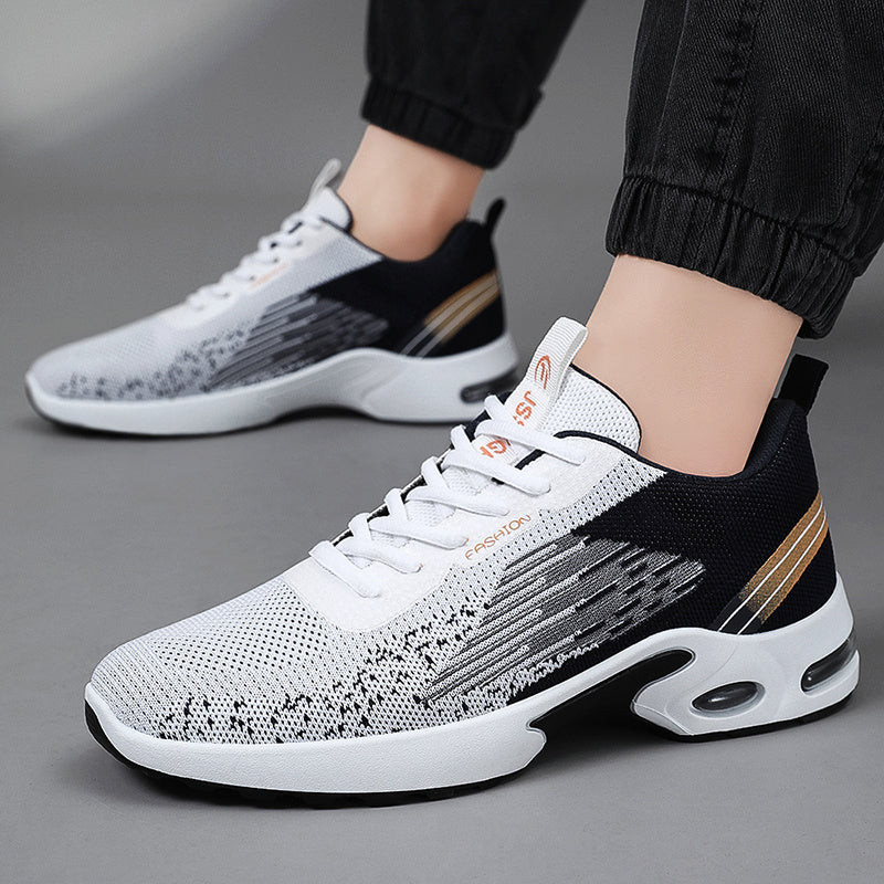 Zapatillas casuales para hombre, tejido de punto transpirable, de caña baja, con cordones, suela con aire amortiguado, negro y blanco