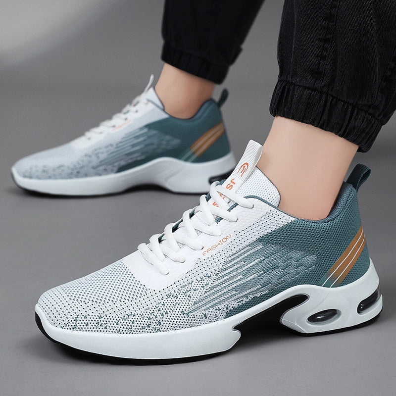 Zapatillas casuales para hombre, tejido de punto transpirable, de caña baja, con cordones, suela con aire amortiguado, negro y blanco