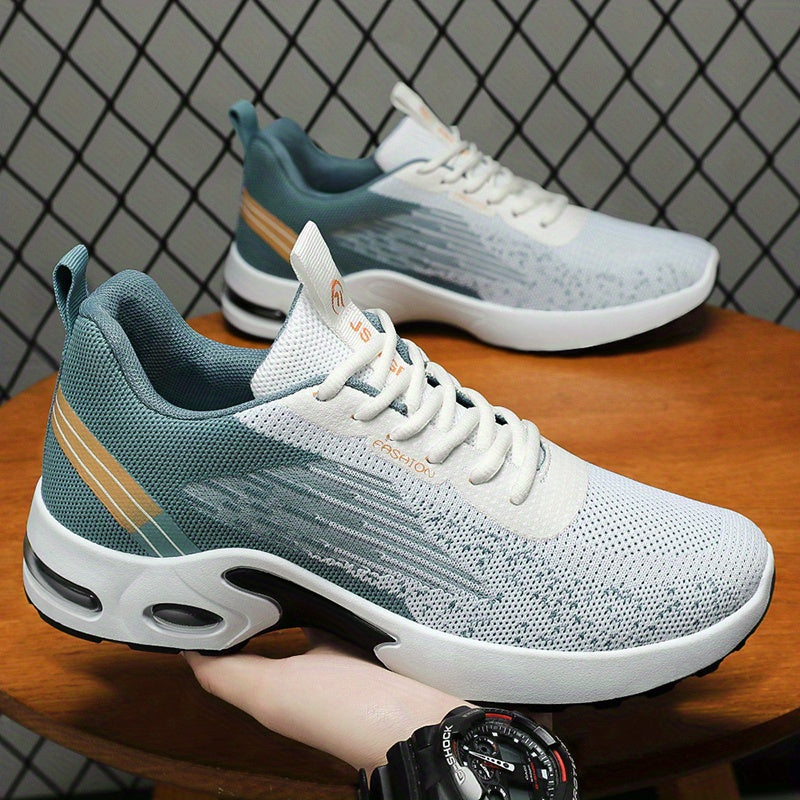 Zapatillas casuales para hombre, tejido de punto transpirable, de caña baja, con cordones, suela con aire amortiguado, negro y blanco