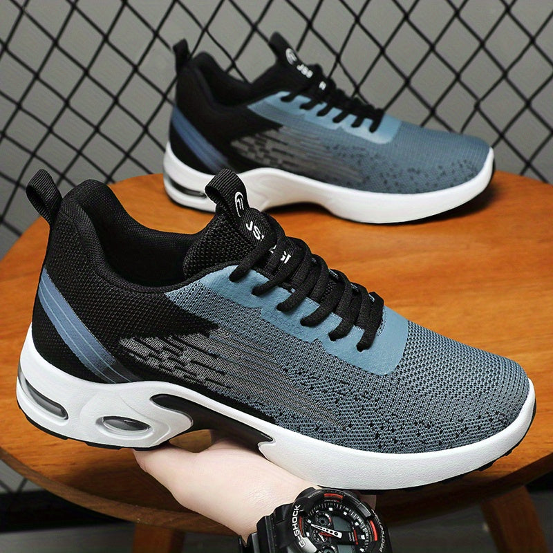 Zapatillas casuales para hombre, tejido de punto transpirable, de caña baja, con cordones, suela con aire amortiguado, negro y blanco