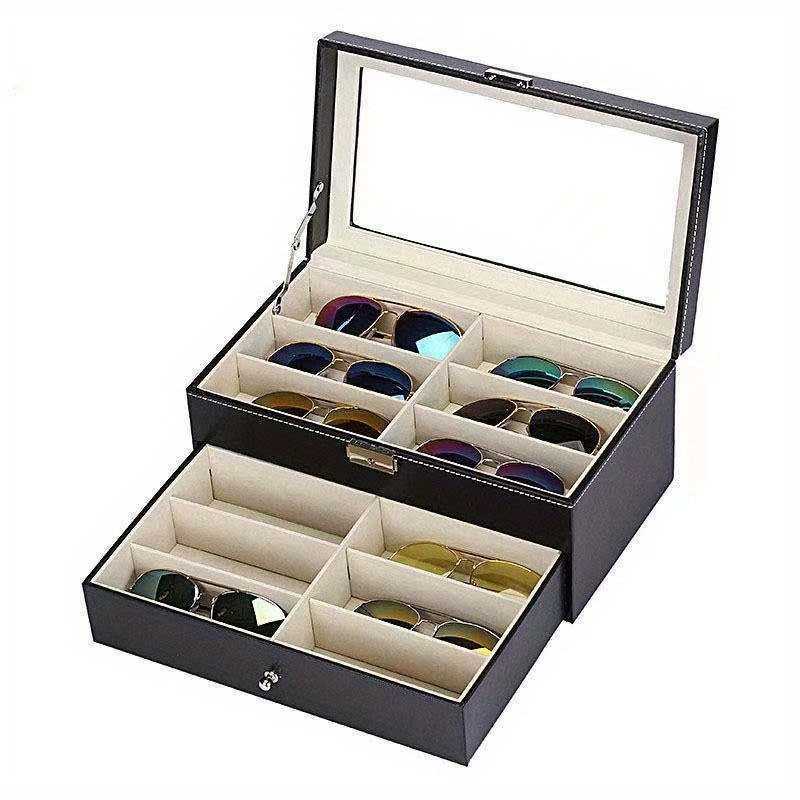 Large Capacity Black PU Leather Eyewear Organizer with Clear Lid and Velvet Interior