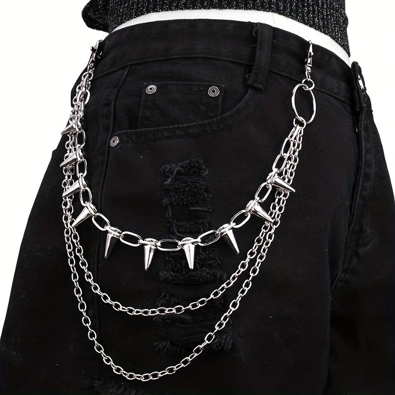 Men's Punk-Inspired Gold Geometric Double-Layer Pants Chain with Rivets for Stage Performance
