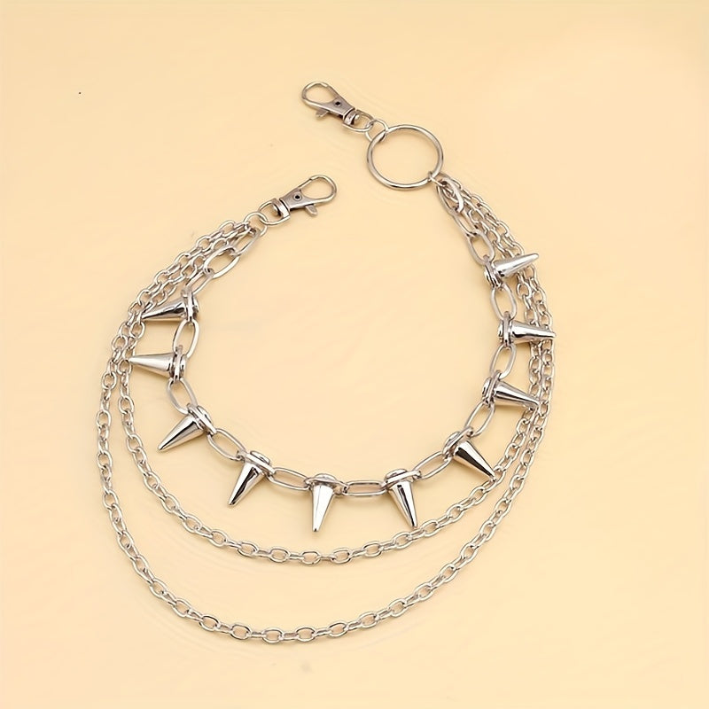 Erkaklar uchun Punk-ilhomlangan oltin geometrik ikki qatlamli shim zanjiri, rivetlar bilan, sahna chiqishlari uchun