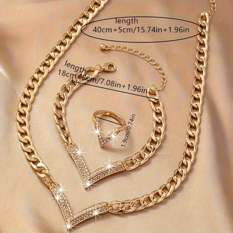 V-Shaped Jewelry Set with Rhinestone Pendant Bracelet and Ring for Weddings