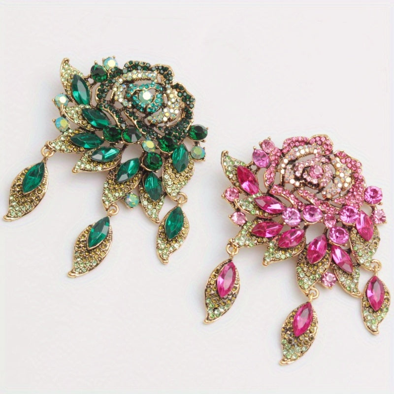 Green Rose Women's Rhinestone Brooch Pin with Stylish Design