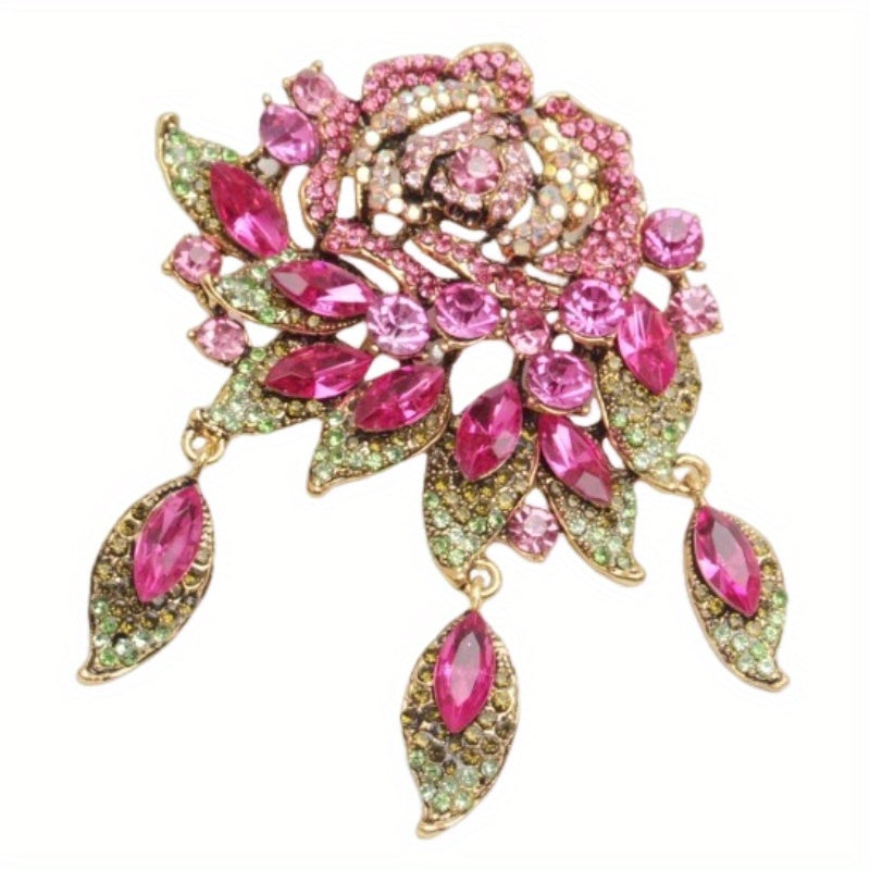 Green Rose Women's Rhinestone Brooch Pin with Stylish Design