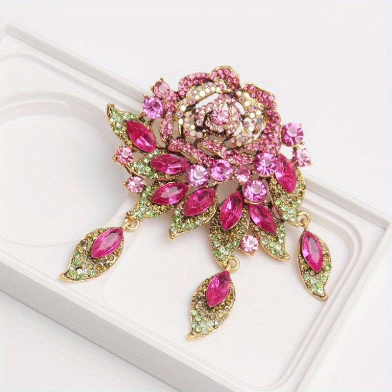 Green Rose Women's Rhinestone Brooch Pin with Stylish Design