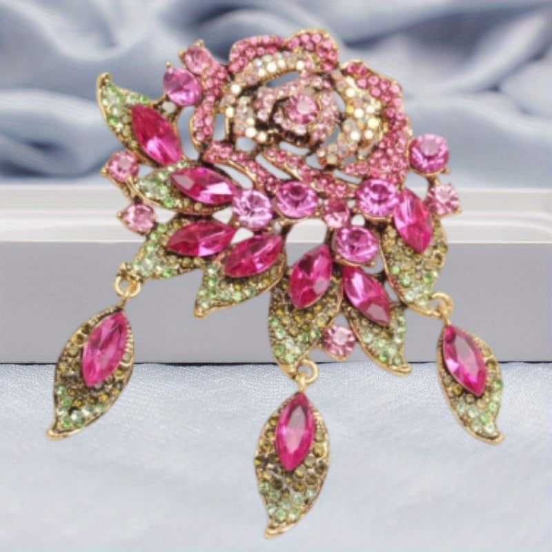 Green Rose Women's Rhinestone Brooch Pin with Stylish Design