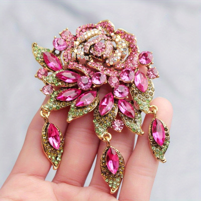 Green Rose Women's Rhinestone Brooch Pin with Stylish Design