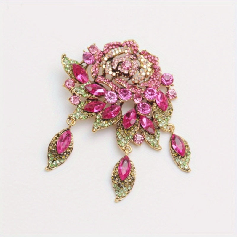 Green Rose Women's Rhinestone Brooch Pin with Stylish Design