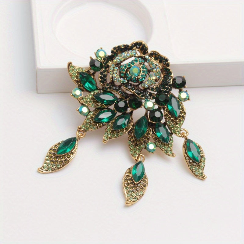 Green Rose Women's Rhinestone Brooch Pin with Stylish Design