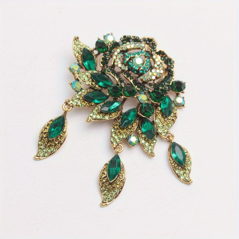 Green Rose Women's Rhinestone Brooch Pin with Stylish Design