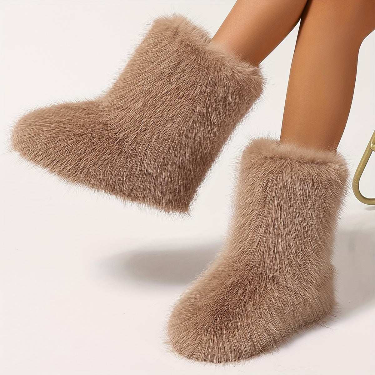 Women'S Winter High-Top Boots Faux Fur Mid-Calf Flat-Heeled Warm Shoes