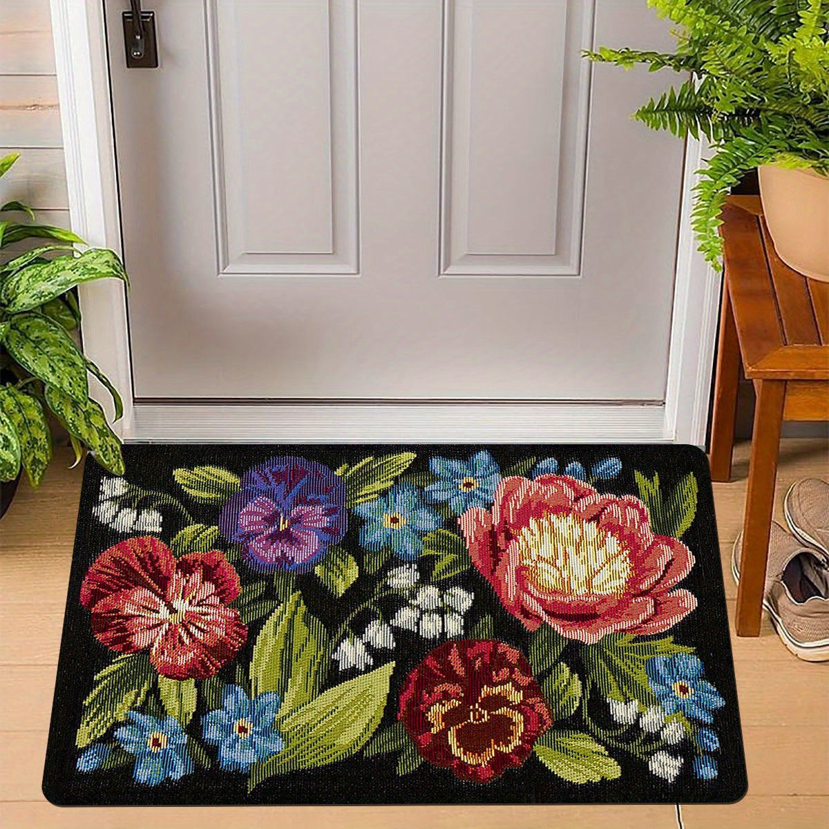 Floral Retro Pixel Entrance Mat Non-Slip Stain-Resistant Indoor Outdoor Rug