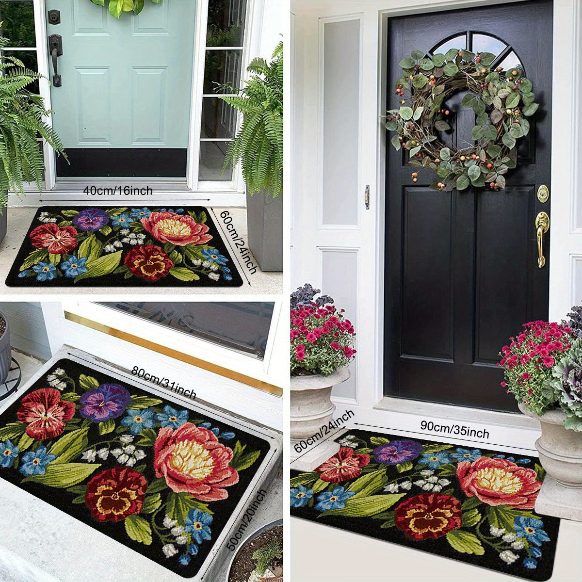 Floral Retro Pixel Entrance Mat Non-Slip Stain-Resistant Indoor Outdoor Rug