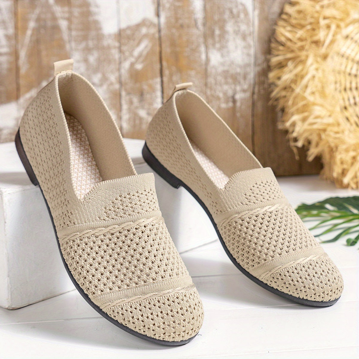 Mocasines slip-on de punto transpirable para mujer, zapatos planos casuales para todas las estaciones