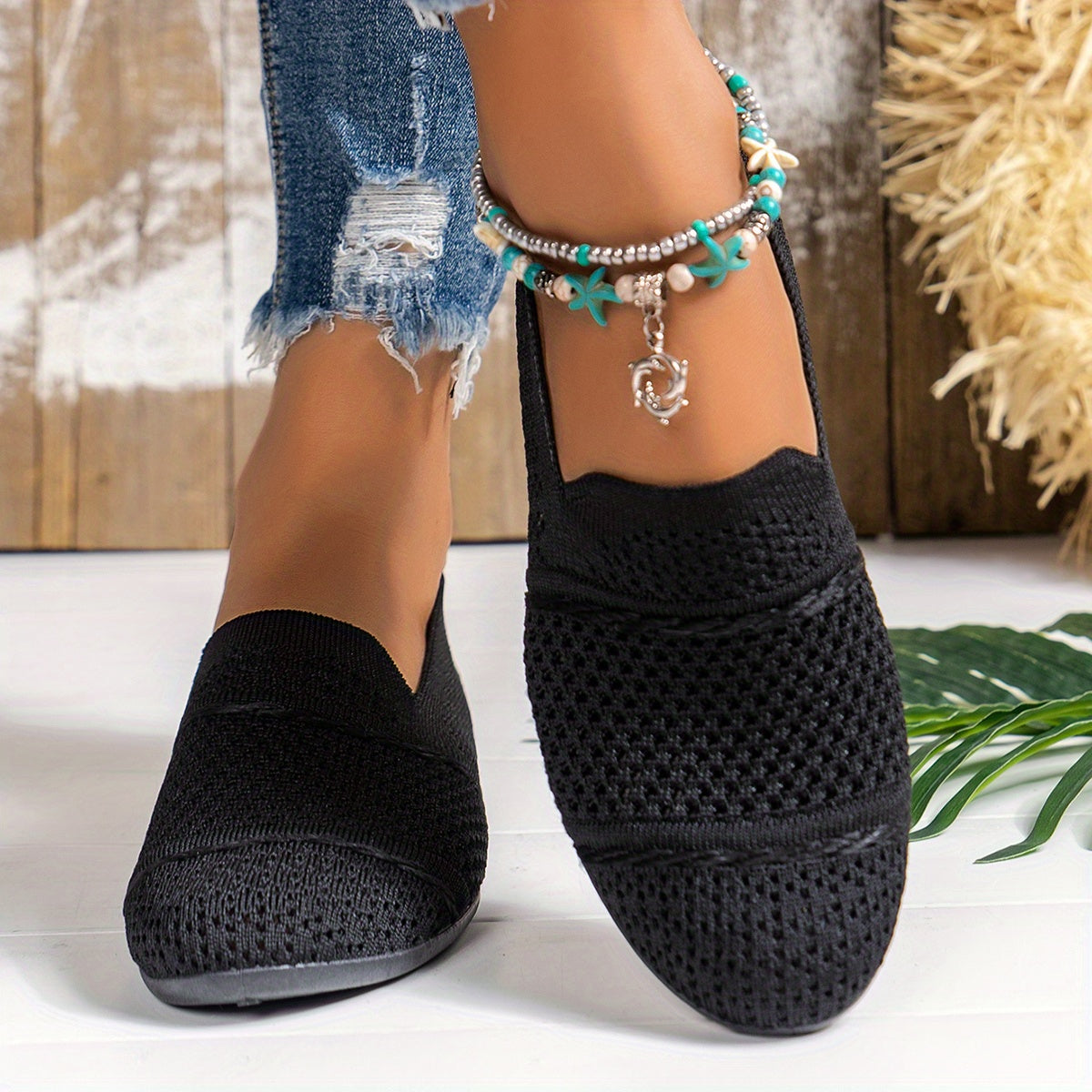 Mocasines slip-on de punto transpirable para mujer, zapatos planos casuales para todas las estaciones