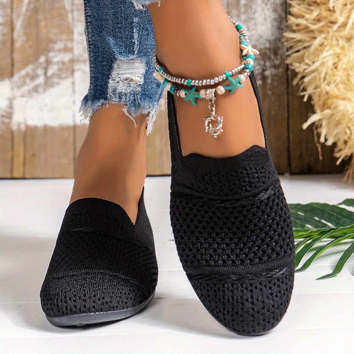 Mocasines slip-on de punto beige para mujer, cómodos y planos para todas las estaciones