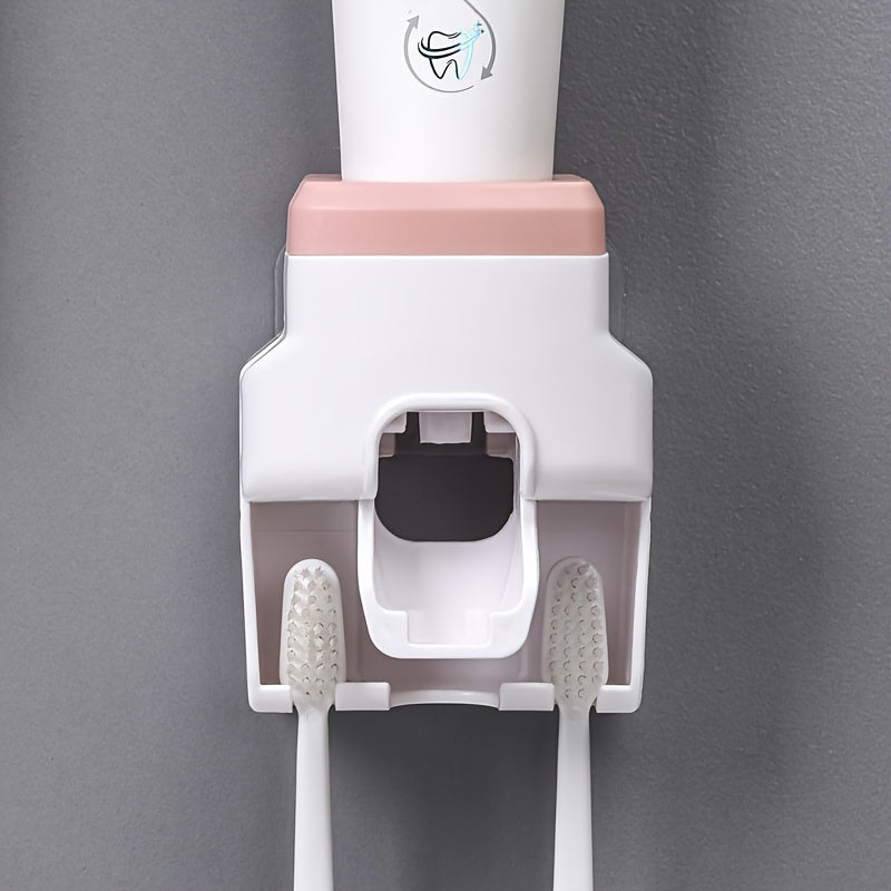 White Pink Wall-Mounted Toothbrush Holder Set With Automatic Dispenser