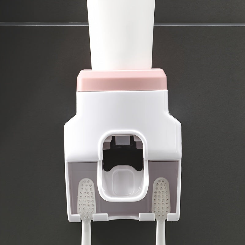 White Pink Wall-Mounted Toothbrush Holder Set With Automatic Dispenser